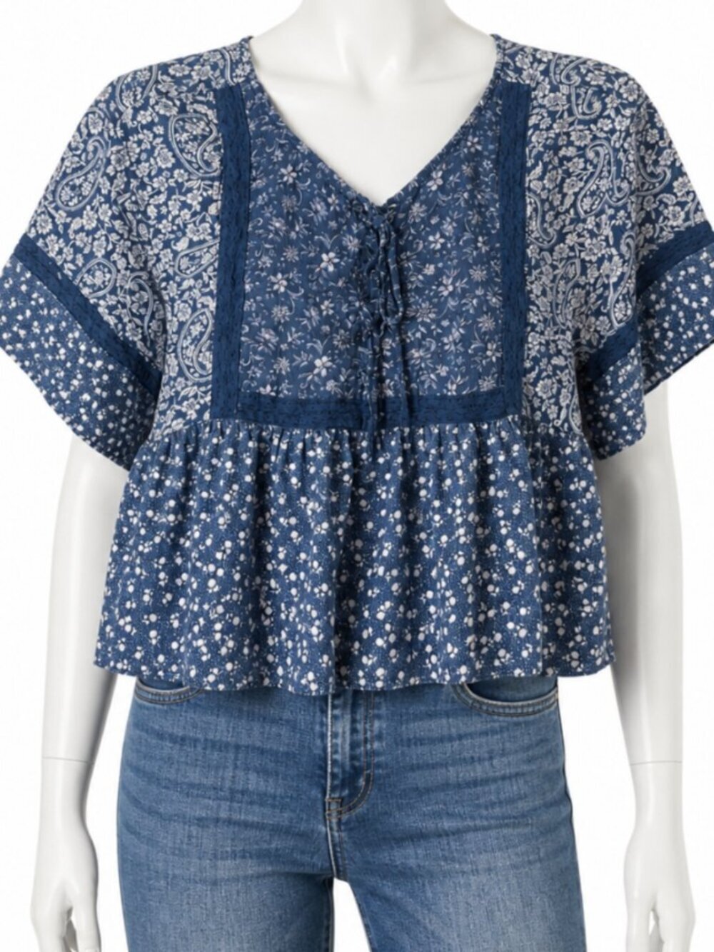 American Eagle Blue Floral Peplum Top Small Boho